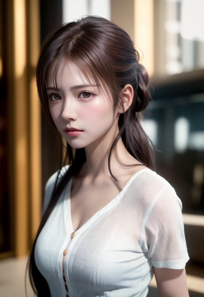 8K, of the highest quality, masutepiece:1.2), (Realistic, Photorealsitic:1.37), of the highest quality, masutepiece, Beautiful young woman, Pensive expression, Sweet look, Sexy white shirt、Hair tied back, Messy mood, Cinematic background, Tired, Light skin tone