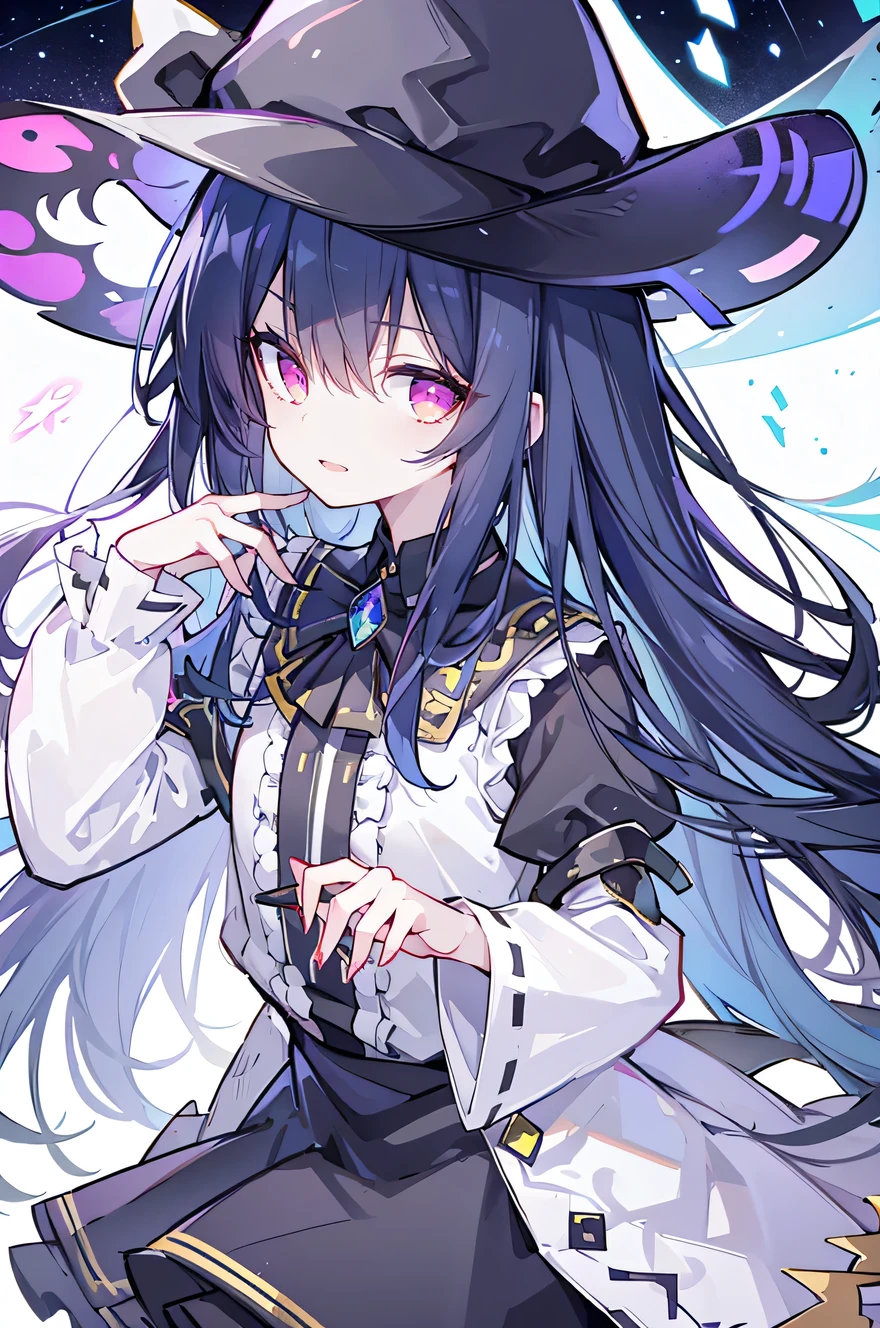 oung Girls,Humanity,A magician always smiles,big witch hat,cute,dark blue long hair,The eyes are dull,The bangs are heavy,Thin eyebrows,fantasy,intake,Double teeth,Star Theme,Constellation pattern,Solid color clothetal decoration,cloak,A bit of a dark atmosphere,A little crazy smile,When the big moon shines outside at night,blood,Hair black star embellishment,Short tie,No nails,High waist skirt,Bell sleeves,Long-sleeved shirt,Black tie,low risk,gentlemen。Mist、Yellow and white effect,Shocking pink as an accent color