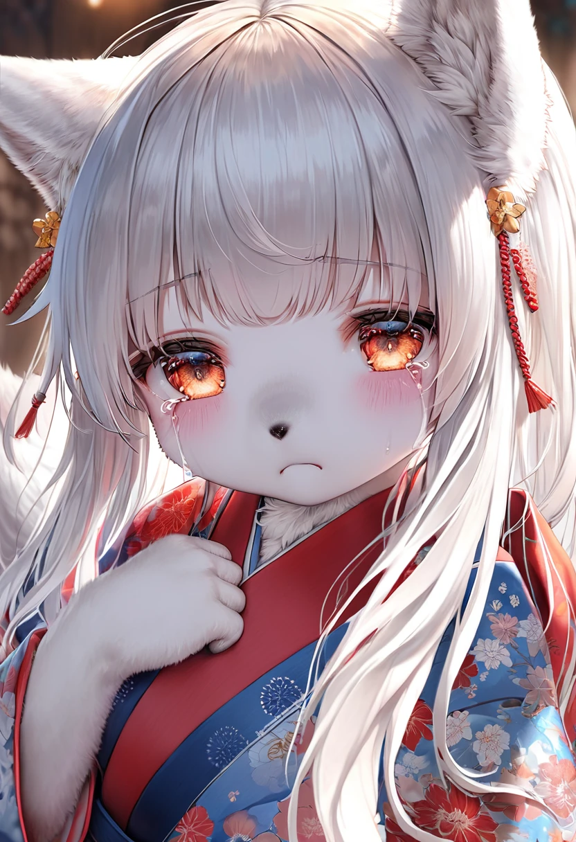 cute white fox girl, wearing Japanese Kimono, crying, (ultra detailed, absolutely resolution, best quality:1.3)