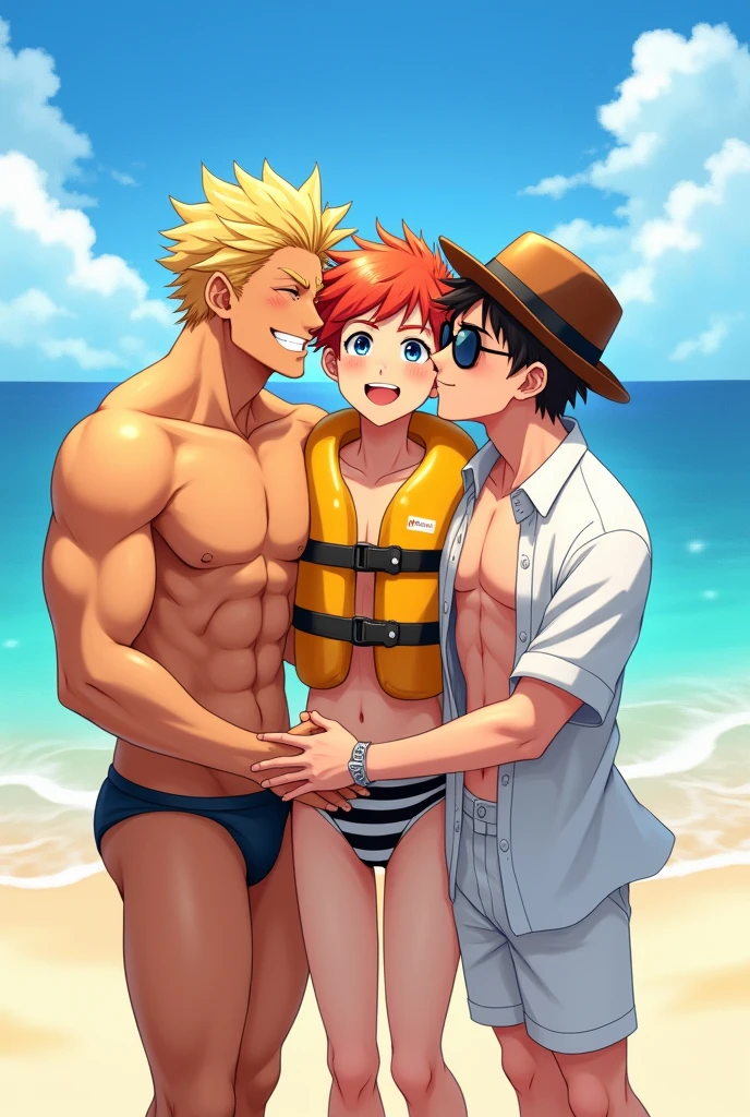 Three very much in love boys they are on a beach and two of them are kissing the third one on the cheek and he is hugging them holding their butts the boy on the left has very tanned skin he is only wearing a pair of boxer shorts that are a thong he has blond hair and blue eyes and has a muscular body the boy on the right has fair skin and is wearing a white shirt open and showing his body he is wearing a white thong a sun hat he has brown hair he is wearing glasses and his eyes are blue and he is not wearing shoes or anything like that and the third boy the one in the middle and being kissed on the cheek by the two agers one on each side he has a light brown skin with red hair green eyes and is only wearing a yellow life jacket open showing his body and a black and white thong he is not wearing shoes or flip flops he is barefoot and this teen in the middle is holding the butts of both of them they are wet and sweaty they are on a beautiful beach during the day the image has to be in anime