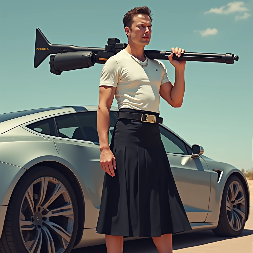 Elon Musk wearing a skirt is standing next to a car holding an X-shaped weapon.