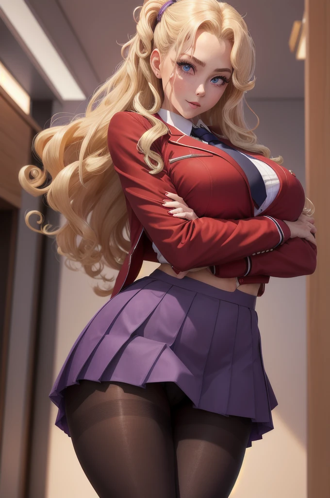 Spiral curl,blonde,Purple eyes,Lady,school uniform,Red jacket,Large Breasts,Big Ass,Black Pantyhose,Take off your skirt,Crab-legged pose,Spread your legs wide,Cross your arms behind your back to make your sides look bigger