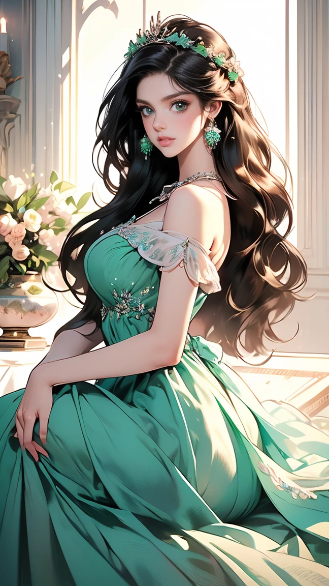 (masterpiece, best quality, high resolution, very detailed),(Beautiful and aesthetically pleasing.:1.2), (1 woman), adult, perfect body, wavy black hair, ((green eyes)), Detailed eyes and face, (saturated_body), Festival Beautiful Spring Light Airy Dress,  (pastel pink and blue dress), delicate spring dress, high heel, Soft and feminine image, deer, various colors, 