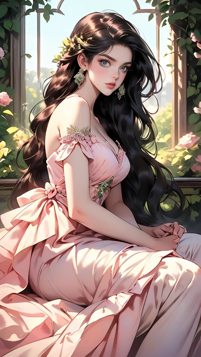 (masterpiece, best quality, high resolution, very detailed),(Beautiful and aesthetically pleasing.:1.2), (1 woman), adult, perfect body, wavy black hair, ((green eyes)), Detailed eyes and face, (saturated_body), Festival Beautiful Spring Light Airy Dress,  (pastel pink and blue dress), delicate spring dress, high heel, Soft and feminine image, deer, various colors, 