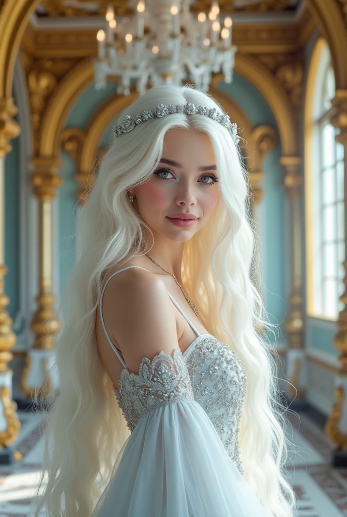 Princess in white dress、white hair、light blue、palace、pretty girl、beautiful、shine、droopy eyeole、more、transparency、detailed face、(High quality)、long hair、smile Villainess