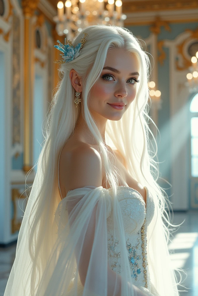 Princess in white dress、white hair、light blue、palace、pretty girl、beautiful、shine、droopy eyeole、more、transparency、detailed face、(High quality)、long hair、smile Villainess