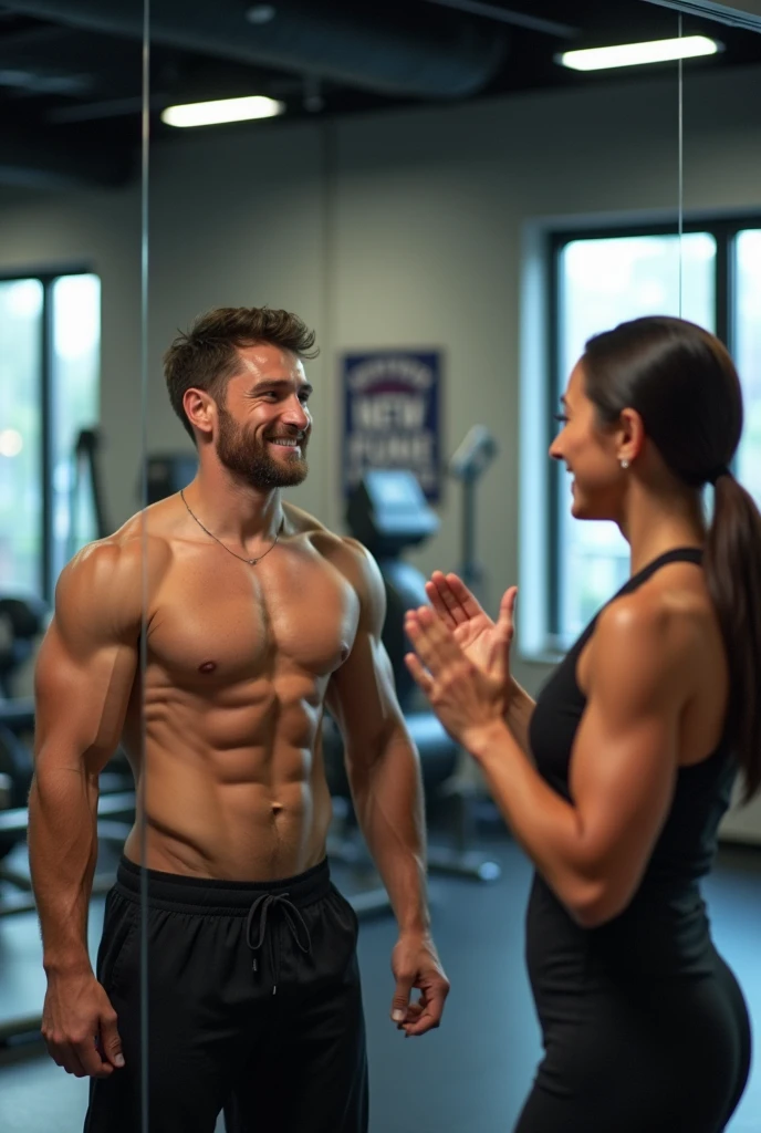 Men aged 22 year old seeing him self in progress in mirror and beside him trainer is also happy seeing his progress