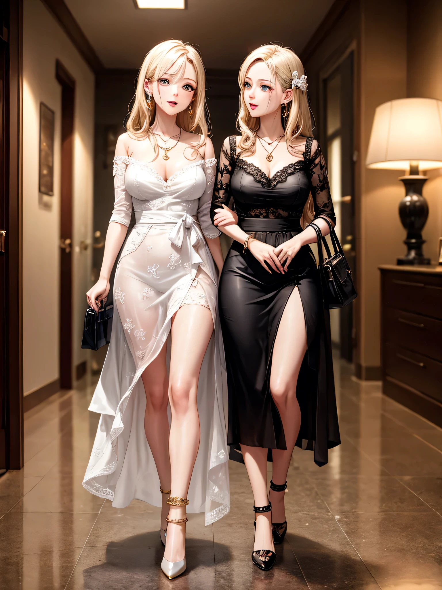 ((Biologically correct limb count))、((Full Body Shot, Full-body photo including face、Head to toe photos))、4K、(masterpiece:1.3)、((Symmetrical facial features))、Eyes of meticulous depiction、beautiful 、Excellent style、((skirt、The neckline is a lace embroidered sheer shirt.、High heels with anklets))、Detailed Description、shopping、Married Woman、sex appeal、Alluring、Handbags、Earrings、necklace、Upper body close-up、Looking up、Blonde、(male:-0.5)