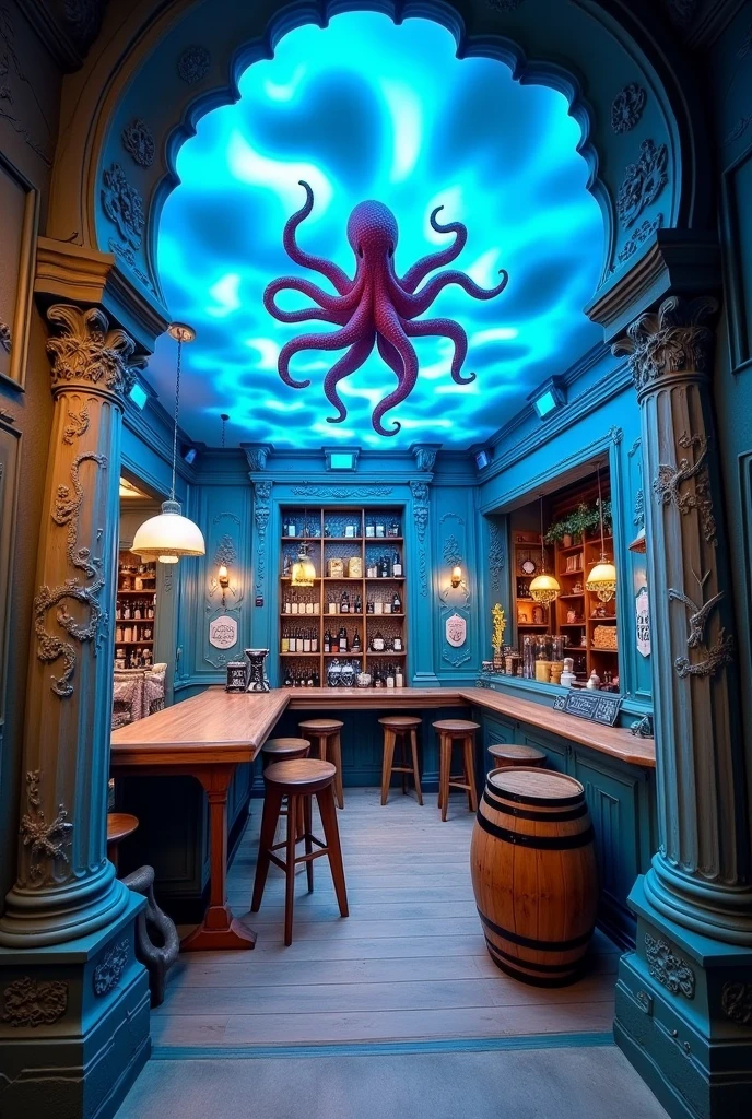 a cubicle of 3.10m wide x 2.50m long and 2.65m high, with reef-type decorated walls, on the ceiling an octopus giving it decoration and around it simulated celestial clouds and blue lights, on both sides of the front part, old-style cafe columns with pirate decorations, In the front, a bar counter with an old cafe style, also known as tmb, in the background on the right side, at a table, a barrel where, and on the left side a kitchen