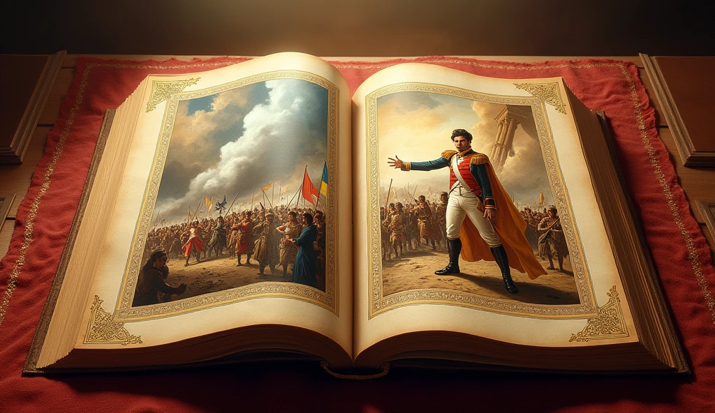 A large open book with two pages – on one page, an illustration of Napoleon leading his army at Austerlitz, and on the other, Samudragupta  indian king victorious at Kanchi, with a backdrop of symbolic icons representing law and culture."