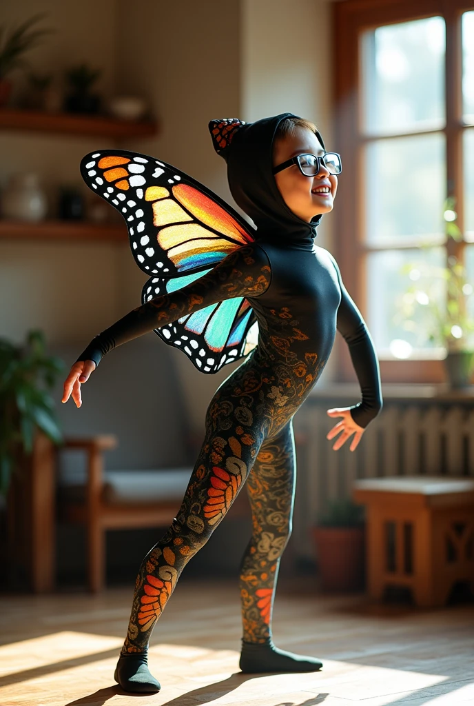 The beautiful chinese contortion teenager girl wearing a pair of black glasses with beautiful cheeks wears a species of butterfly(Telchinia issoria)
 full lycra dancewear turtleneck unitard catsuit with zentai gloves with a pair of wings.She always wearlycra elastane dancewear hood.She is happy at home to practice  performance.