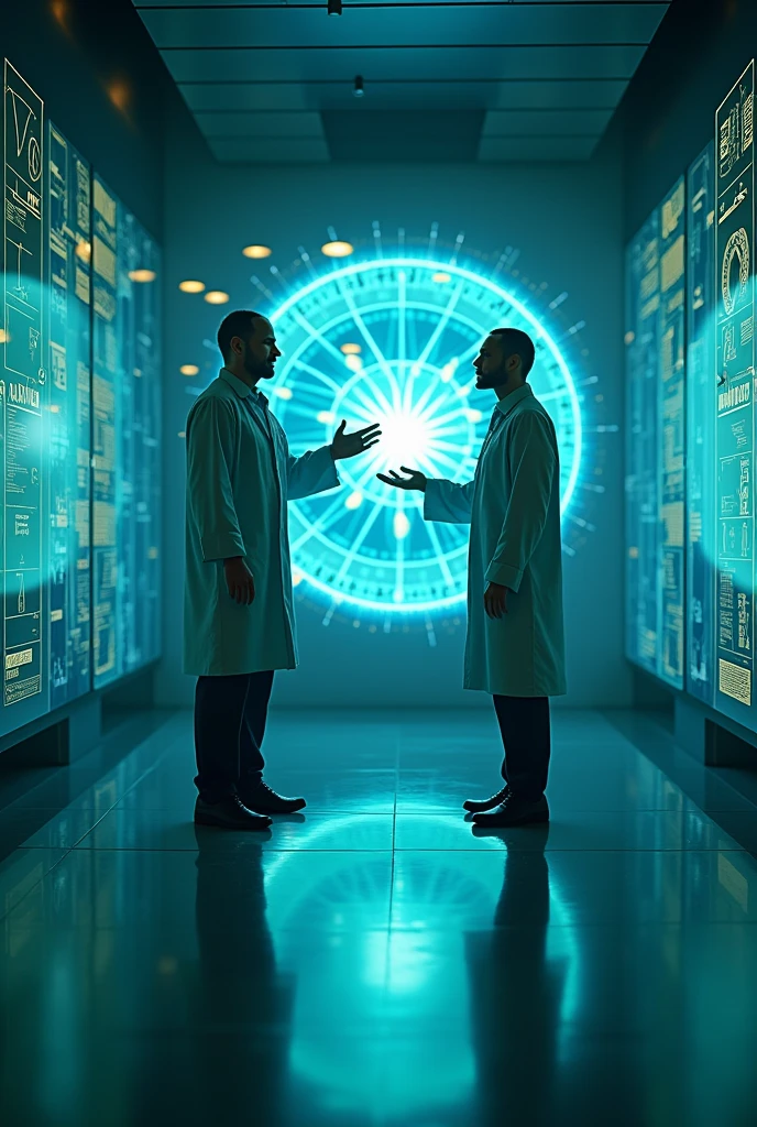 {
"size": "1024x1024",
"prompt": "In a futuristic laboratory, Neutron, depicted with a calm expression, stands prominently beside Proton. Neutron makes a balancing gesture with both hands while a detailed holographic display shows protons and neutrons moving harmoniously within the nucleus of an atom. The setting is consistent with previous panels, highlighting the peaceful yet essential role Neutron plays in maintaining nuclear stability. The holographic display should clearly illustrate the interaction and balance between the protons and neutrons, with Neutron centrally positioned to emphasize his importance."
}