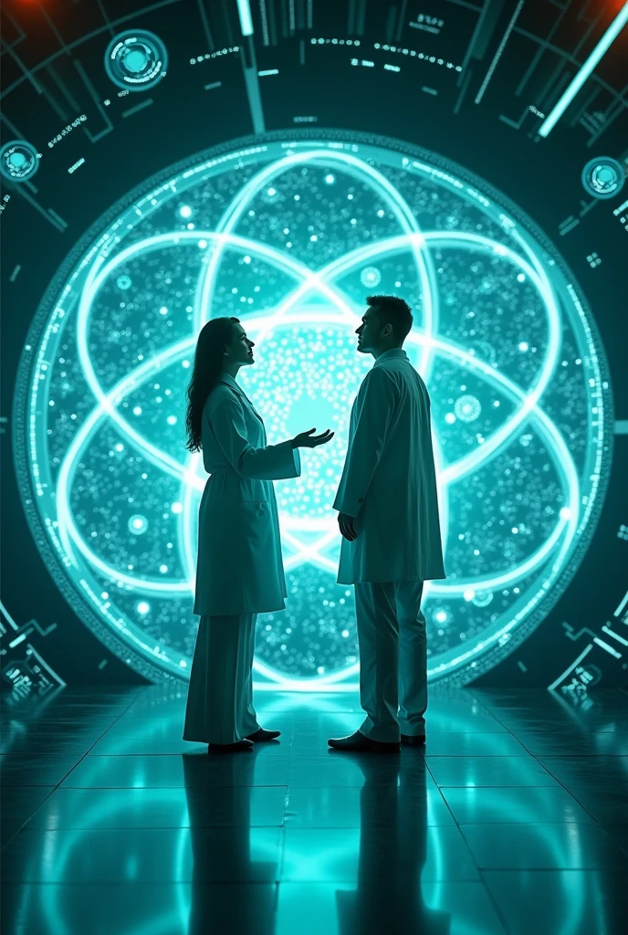 {
  "size": "1024x1024",
  "prompt": "In a futuristic laboratory, Neutron, depicted with a calm expression, stands prominently beside Proton. Neutron makes a balancing gesture with both hands while a detailed holographic display shows protons and neutrons moving harmoniously within the nucleus of an atom. The setting is consistent with previous panels, highlighting the peaceful yet essential role Neutron plays in maintaining nuclear stability. The holographic display should clearly illustrate the interaction and balance between the protons and neutrons, with Neutron centrally positioned to emphasize his importance."
}
