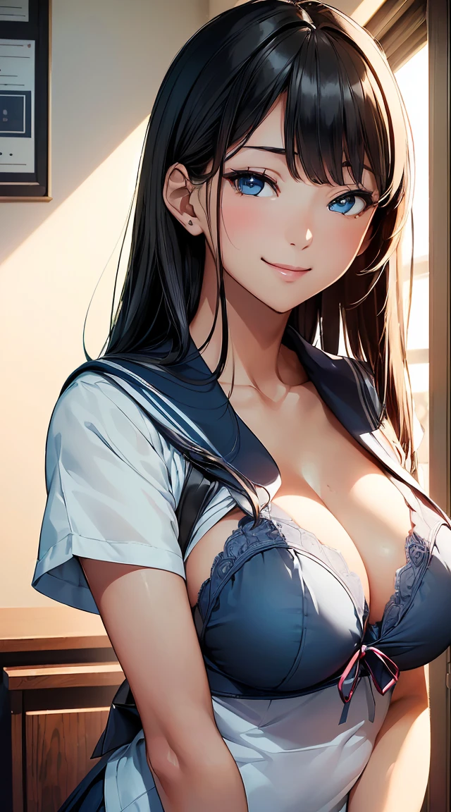 masterpiece, Highest quality, 非常にdetailedな CG Unity 8K 壁紙, Ultra-realistic 8k CG, Perfect artwork, The perfect woman, Dramatic Shadows, (Spotlight, Perfect lighting, detailedな光, (((One Girl))), ((Sharp Face)), ((Black Hair, Straight Hair)), (((y pose))), Model body type, Big ample bre(Cute Face)), (Smiling shyly: 1.2), (The skin showing through the sailor uniform.、Light blue bra), beautiful顔, (beautiful胸のライン:1.2), (Cleavage),ul, Exquisite features depicting a perfect face, Natural beauty, sweating, Slender, 軽やかでbeautiful太ももの表現, high school girl, High School Uniform, A sweaty sailor uniform with short sleeves、detailed, Realistic Light and Shadow, 8k resolution, Professional Lighting, (Glowing Skin:0.9), Perfect hands,