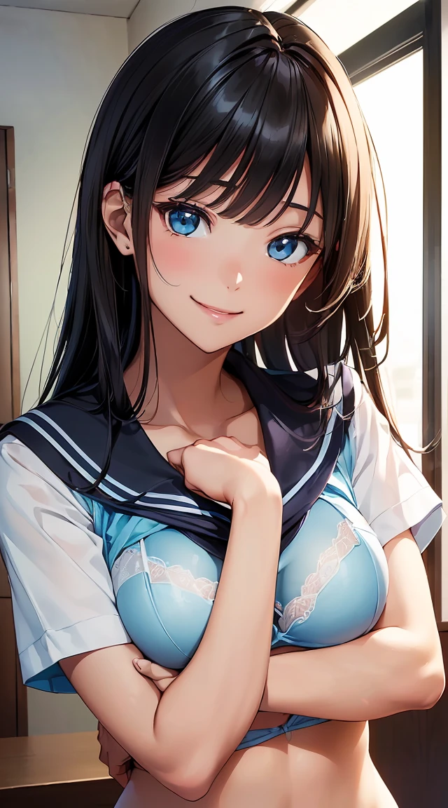 masterpiece, Highest quality, 非常にdetailedな CG Unity 8K 壁紙, Ultra-realistic 8k CG, Perfect artwork, The perfect woman, Dramatic Shadows, (Spotlight, Perfect lighting, detailedな光, (((One Girl))), ((Sharp Face)), ((Black Hair, Straight Hair)), (((Sexy pose))), Model body type, Big ample breasts, ((Cute Face)), (Smiling shyly: 1.2), (The skin showing through the sailor uniform.、Light blue bra), beautiful顔, (beautiful胸のライン:1.2), (Cleavage), beautiful, Exquisite features depicting a perfect face, Natural beauty, sweating, Slender, 軽やかでbeautiful太ももの表現, high school girl, High School Uniform, A sweaty sailor uniform with short sleeves、detailed, Realistic Light and Shadow, 8k resolution, Professional Lighting, (Glowing Skin:0.9), Perfect hands,