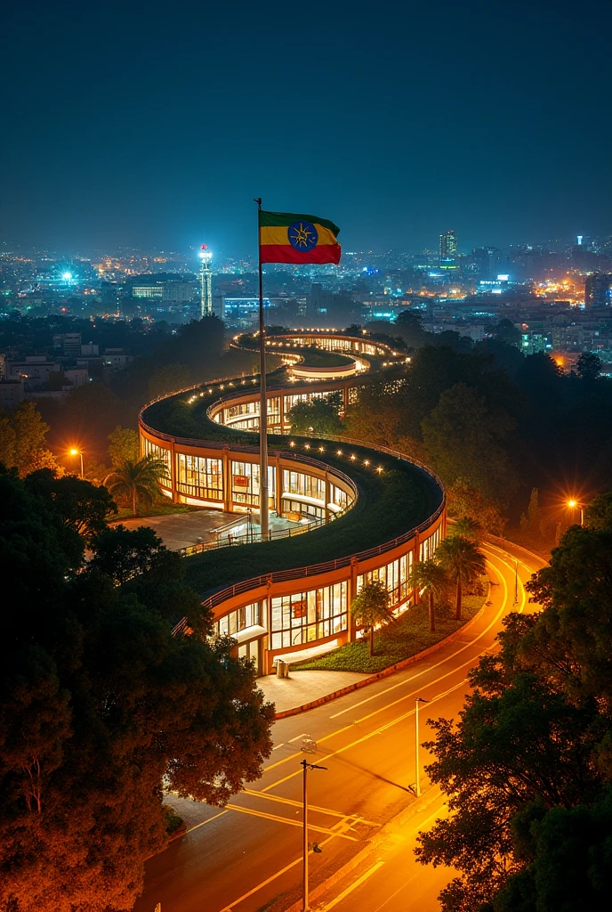 Addis Ababa city at night which is glow light and corridor development decoration on top view with Ethiopian flag.