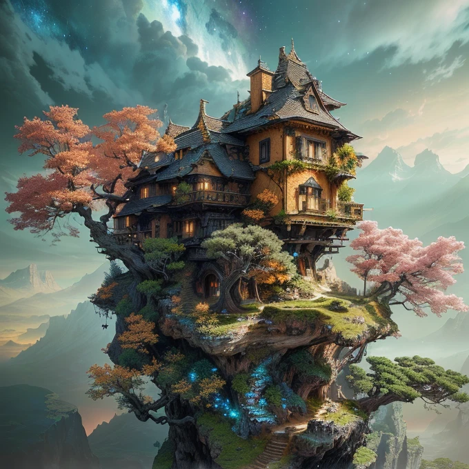 there is a house on a cliff with a tree in the middle, (at sunset), (orange sky and Milky Way is visible back), 4k highly detailed digital art, fantasy house, 4 k detail fantasy, 4k detailed digital art, hyperrealism. fantasy 4k, 4 k surrealism, realistic fantasy render, fantasy matte painting,cute, bonsai tree house, 4k fantasy art, fantasy style 8 k octane render