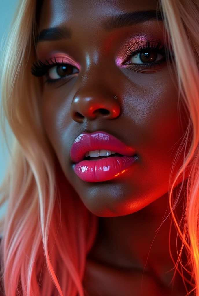 one ebony woman with long natural blonde hair, glowing lipstick, big lips pouty meaty full lips, two-tone lipstick, red lipstick paints her upper lip, pink lipstick paints her lower lip, shiny irises, dripping oil wet skin, rubenesque body, odalisk outfit, calming face features, colored eyelashes like her hair