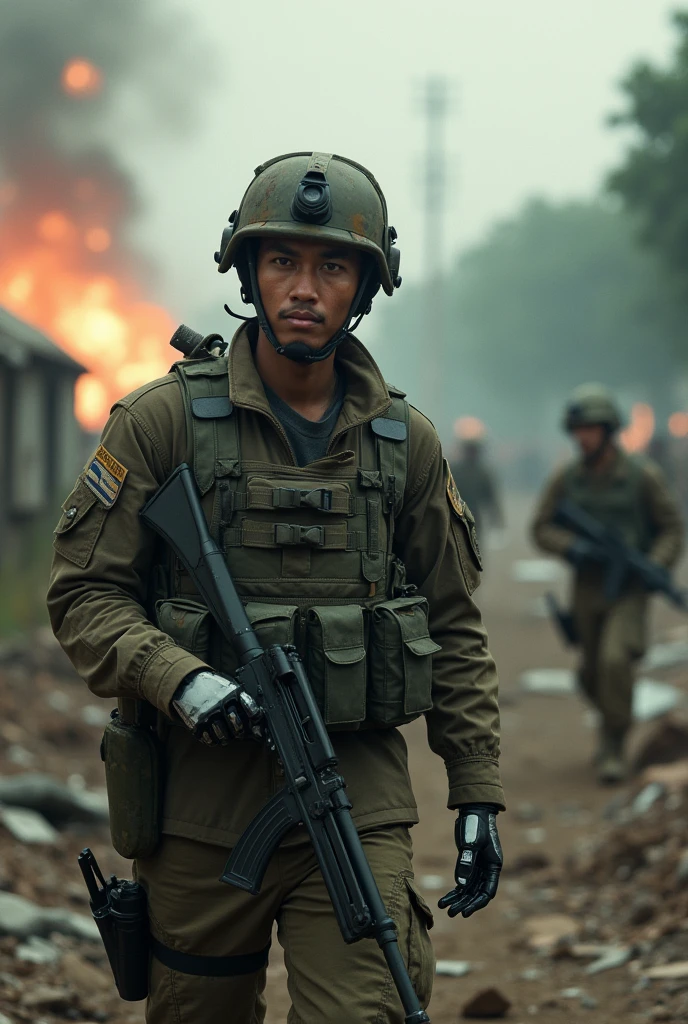 Malaysian soldier with robotic hand, in the battlefield, war, survive, realistic, fight, 4k