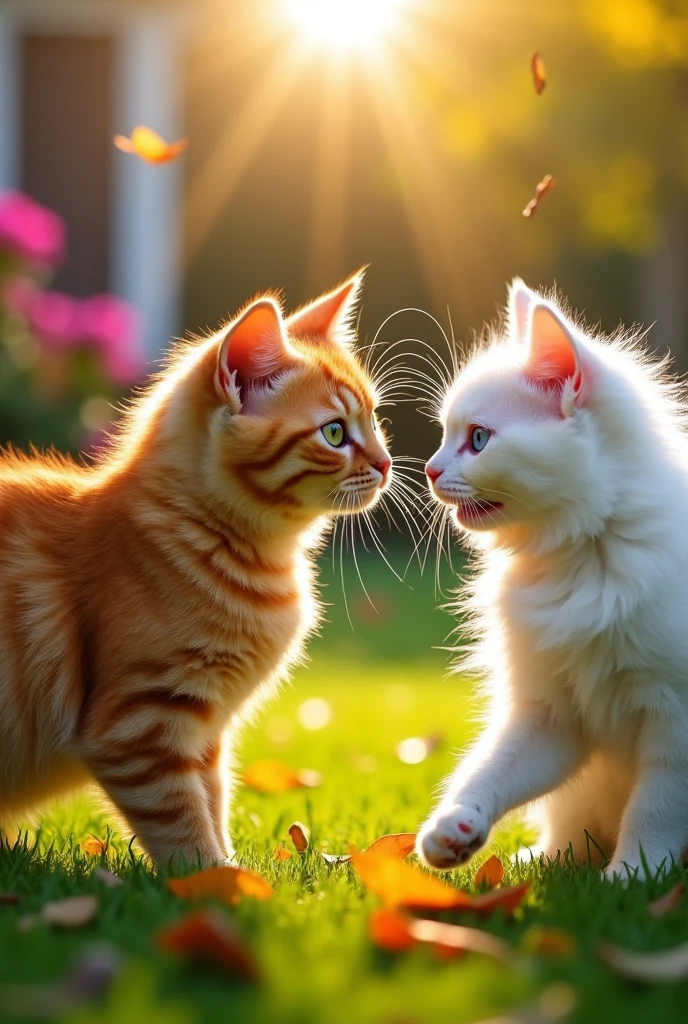 Orange cat fighting with white cat