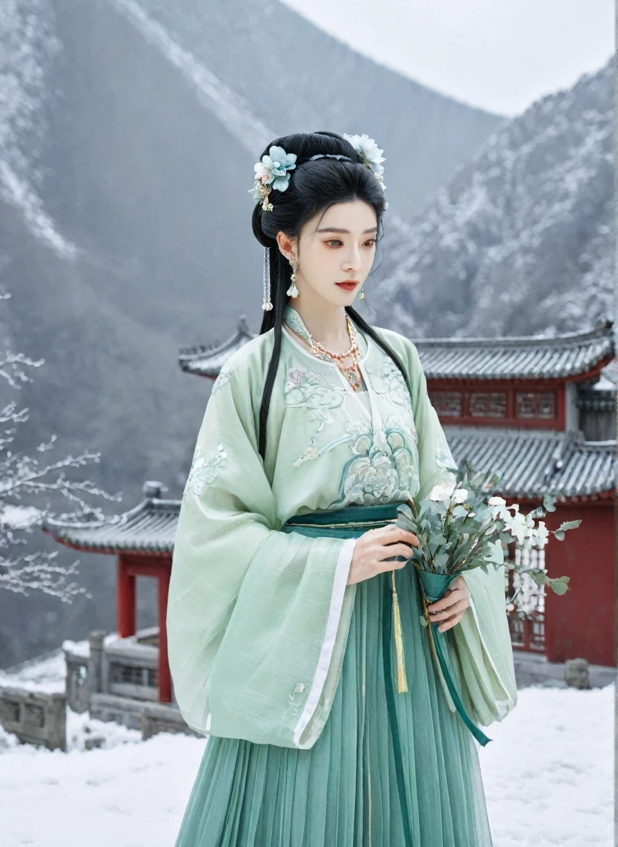 masterpiece,best quality,8K,Official Art,Ultra-high resolution,1 Girl,Looking at the audience,Chinese clothes,Hanfu,Jewelry,Hair accessories,Upper Body,Solitary,earrings,Snow Mountain,ruins,flower,Black Hair,necklace,teeth,Hair Bun,skirt,Open your mouth,hair flower,((whole body)),skirt,Hanfu,embroidery,Beautifully,meticulous,(chiffon:1.4),