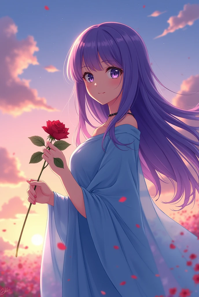 A beautiful girl, with pirpal hair, with white eyes, with skyblue sari, a rose in his hand, anime, with romantic weather 