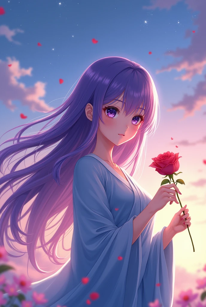 A beautiful girl, with pirpal hair, with white eyes, with skyblue sari, a rose in his hand, anime, with romantic weather 