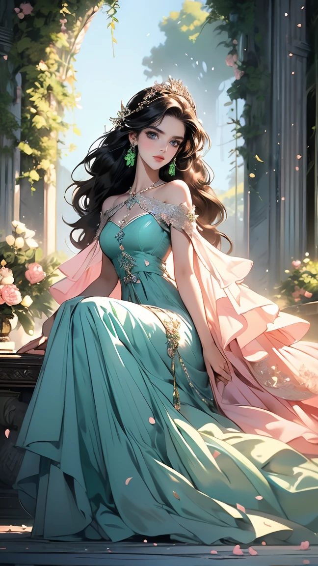 (masterpiece, best quality, high resolution, very detailed),(Beautiful and aesthetically pleasing.:1.2), (1 woman), adult, perfect body, wavy black hair, ((green eyes)), Detailed eyes and face, (saturated_body), Festival Beautiful Spring Light Airy Dress,  (pastel pink and blue dress), delicate spring dress, high heel, Soft and feminine image, deer, various colors, 