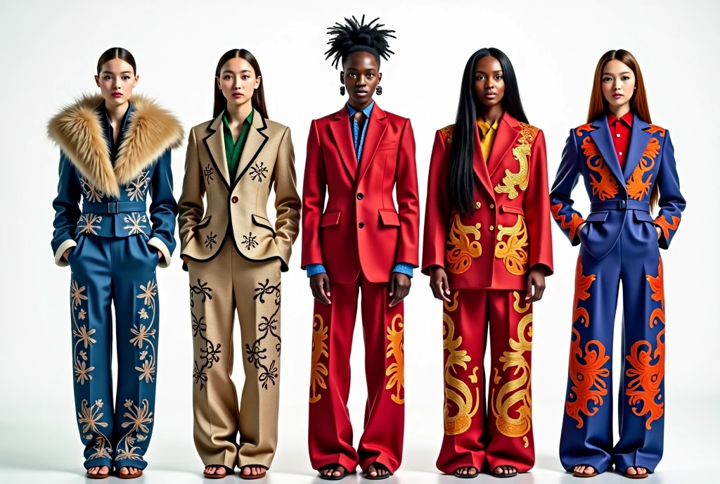 Russin girl wearing blue suit with lot of snow patterns and fur ,korean girl wearing red suit with green shirt and lot of chinese dragon patterns , turkish girl wearing beige suit with lot of arabic patterns , african firl wearing puple suit with lot of orange pattern , american girl wearing blue red suit with lot of american eagle patterns , oversize pants , photo shooting , models, white background , cineamtic , full body