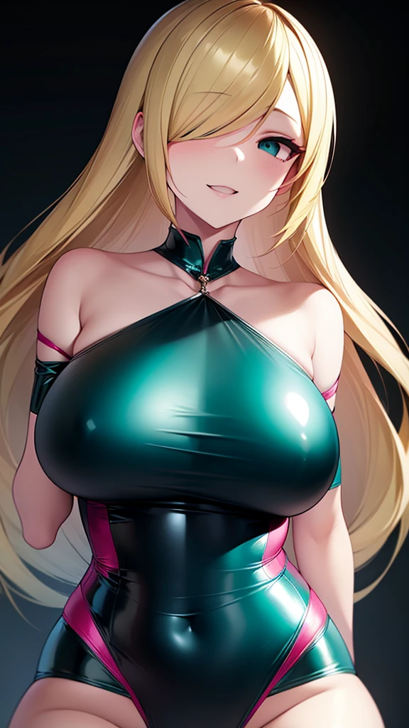 erotic、Lusamine、Blonde、tall、 mature, Married women, Shiny teal latex one-piece swimsuit、Off the shoulder、邪evilな女戦闘員, Pink and black background, Pitch-dark bedroom, Dark Theme, evil, lure, excited, A condescending grin, Lightly open your mouth、Sexy pose, Upper Body,