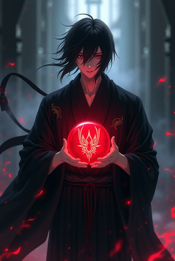 Anime, Male, Black hair, immortal like appearance, dark souls atmospheric, black dark stripped kimono, holding a red ball of energie with a demonic crest.