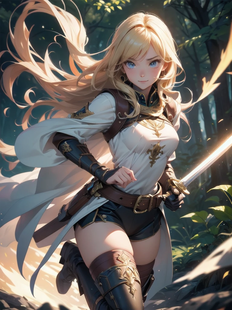 nsfw:1.1,high resolution:1.7, incredibly absurdres, kawaii:1, cute:1.5, hires.fix, anime visual:1, incredibly fine illustration,8k,masterpiece:1.2,best quality, high quality, exquisite, beautiful,insanely detailed,intricate detailed, extremely detailed, Super Definition, ultra high res, Super Resolution, best aesthetic, ultra detailed:1.5, best quality, perfect face, detailed face,stunning art,absurdres,octane render,ultra hires,cute,Beautiful,(Cute and lovely),cute girl,((extremely cute and beautiful blond hair)),serious,smile,A 16 year old daughter becomes an adventurer and battles monsters for the first time.prepare a sword,Deep in the forest, the girl readies herself with both hands on her longsword. gold thighlet,boots,Spirits fly around her like stars, giving the girl power.full body