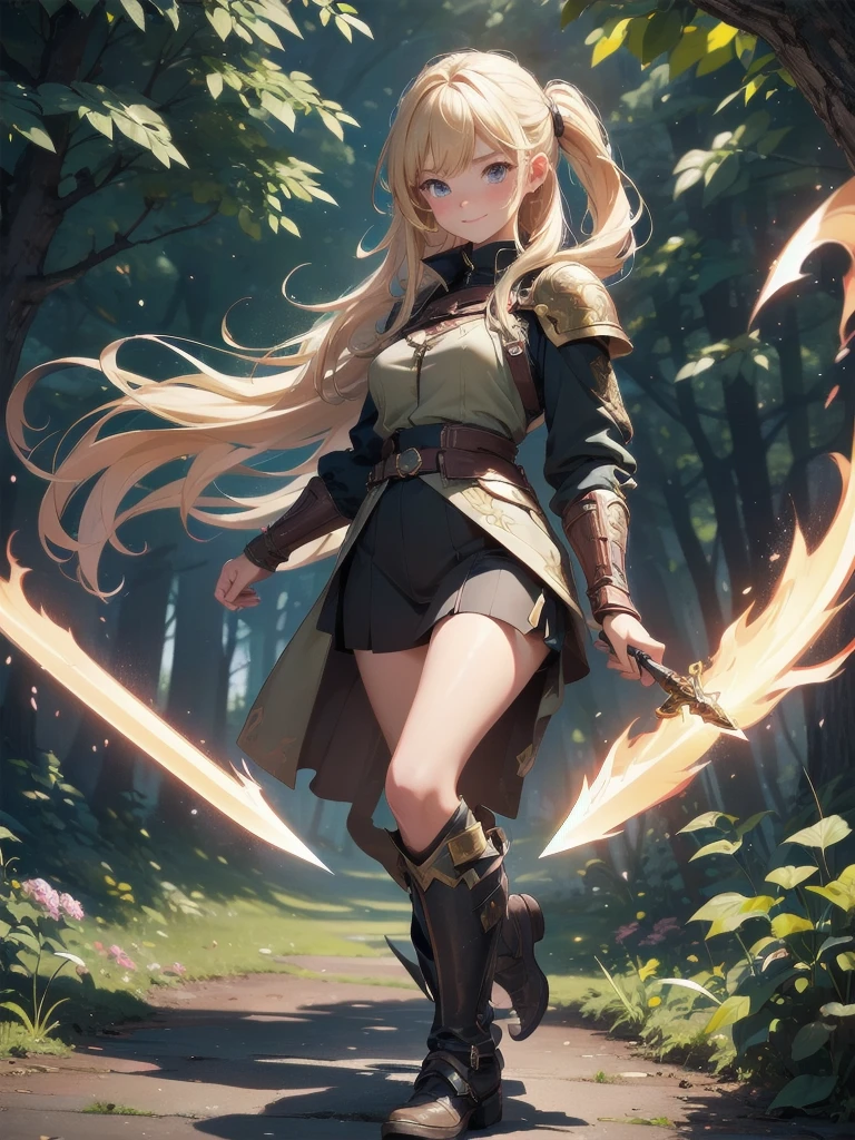 nsfw:1.1,high resolution:1.7, incredibly absurdres, kawaii:1, cute:1.5, hires.fix, anime visual:1, incredibly fine illustration,8k,masterpiece:1.2,best quality, high quality, exquisite, beautiful,insanely detailed,intricate detailed, extremely detailed, Super Definition, ultra high res, Super Resolution, best aesthetic, ultra detailed:1.5, best quality, perfect face, detailed face,stunning art,absurdres,octane render,ultra hires,cute,Beautiful,(Cute and lovely),cute girl,((extremely cute and beautiful blond hair)),serious,smile,A 16 year old daughter becomes an adventurer and battles monsters for the first time.prepare a sword,Deep in the forest, the girl readies herself with both hands on her longsword. gold thighlet,boots,Spirits fly around her like stars, giving the girl power.full body