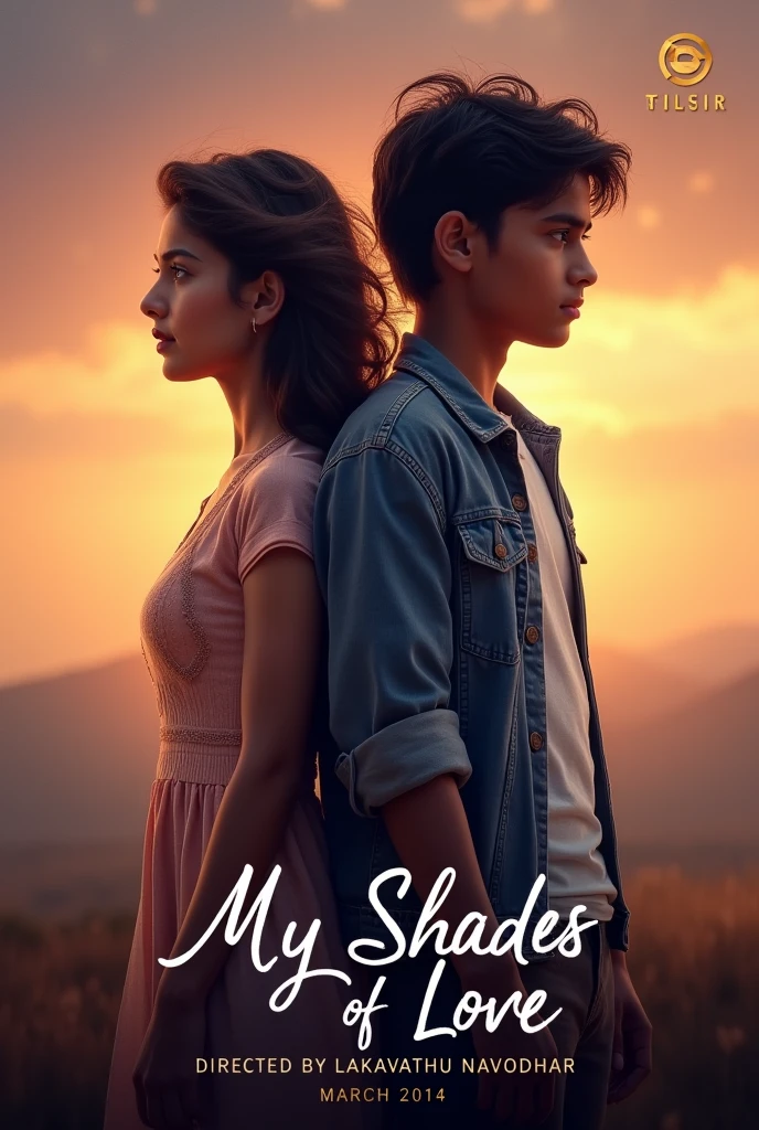 Create a poster for the film, title My shades of love, written directed by Lakavathu Navodhar. Image one boy and one girl standing in opposite direction