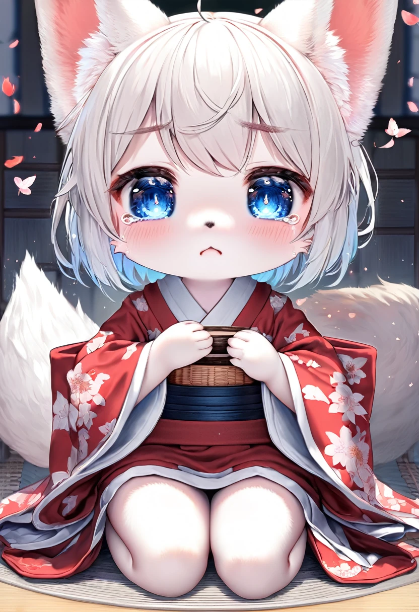 furry, chibi, cute white fox girl, wearing Japanese Kimono, crying, (ultra detailed, absolutely resolution, best quality:1.3)