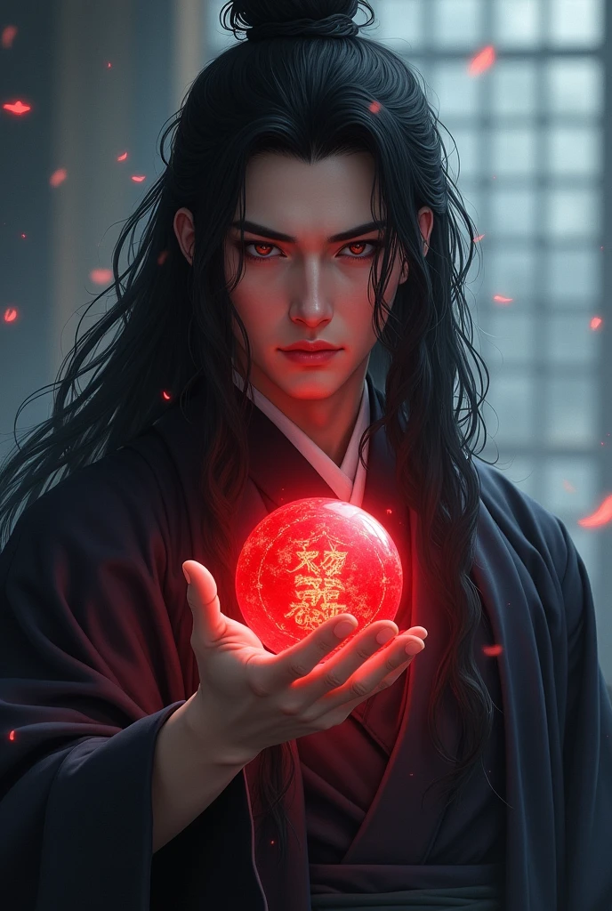 black haired, cold looking man, black eyes, long hair, majestic features, wearing a kimono, holding a glowing red ball of energy that has an engraving in it in his hand, novel cover.