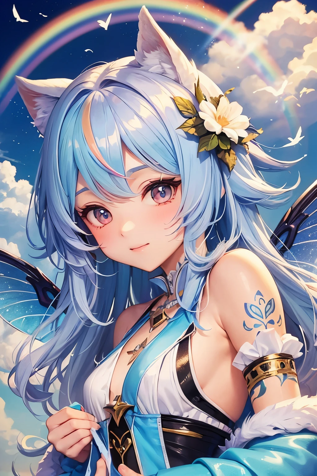 A cute fairy with Fluffy Wool-like beautiful rainbow wings, Drop shaped tattoo on face, and fluffy clouds in the background.