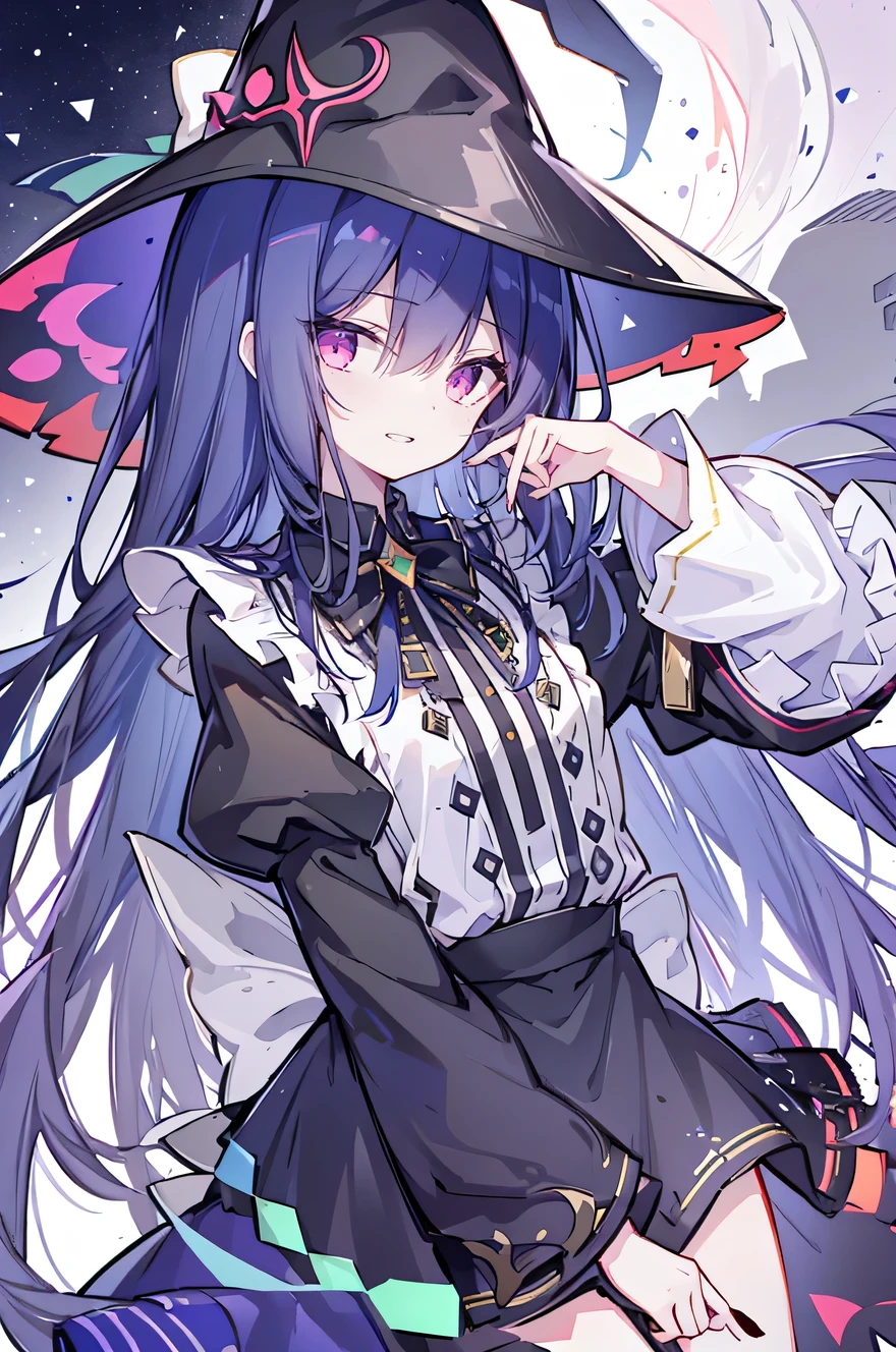 oung Girls,Humanity,A magician always smiles,big witch hat,cute,dark blue long hair,The eyes are dull,The bangs are heavy,Thin eyebrows,fantasy,intake,Double teeth,Star Theme,Constellation pattern,Solid color clothetal decoration,cloak,A bit of a dark atmosphere,A little crazy smile,When the big moon shines outside at night,blood,Hair black star embellishment,Short tie,No nails,High waist skirt,Bell sleeves,Long-sleeved shirt,Black tie,low risk,gentlemen。Mist、Yellow and white effect,Shocking pink as an accent color