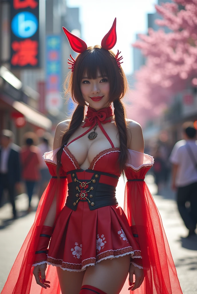 Cosplay,  Tokyo Street, smile, masterpiece, high quality, High resolution, Large file size, Full Color, 1 person,, View the viewer, (Sigma 85mm f1.4), Depth of written boundary, Bokeh,  Detailed photorealistic backgrounds, Detailed lighting, Diffused natural light, Diffused, natural skin glow,Full body photo、Completely naked