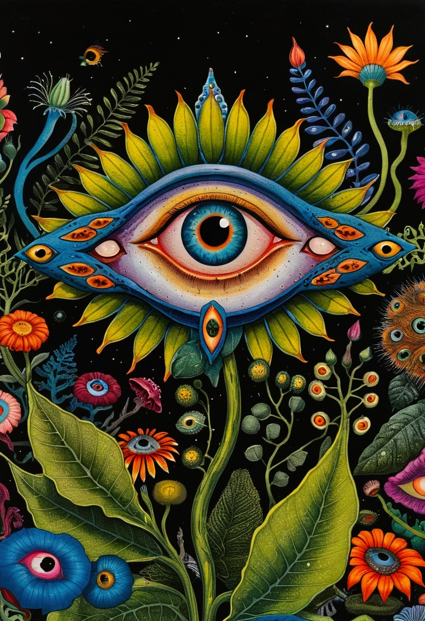A painting，A flower with big eyes in the painting，Surrounded by plants, Psychedelic surrealist art, The holy grail of the eyes of the brain, Shaman horror LSD art, Psychedelic illustration, Pop surrealism, Surreal psychedelic design, Exotic plants and fauna, Exotic plants, Psychedelic Art, Highly detailed hyperrealistic art, strange plants, hallucinatory art, DMT art, Psychedelic Artwork