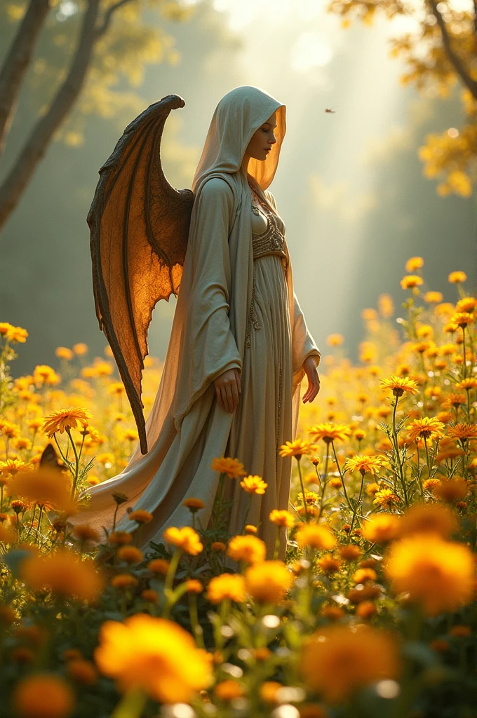 Portrait of a garden of golden flowers. There is a statue of a hooded woman with dragon wings in the center of the garden..