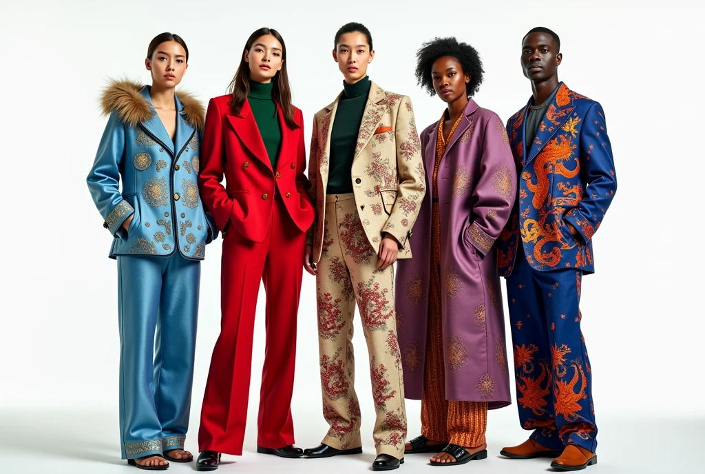 Russin girl wearing blue suit with lot of snow patterns and fur ,((korean girl)) wearing red suit with green shirt and lot of chinese dragon patterns , turkish girl wearing beige suit with lot of arabic patterns , african firl wearing puple suit with lot of orange pattern , american girl wearing blue red suit with lot of american eagle patterns , oversize pants , photo shooting , models, white background , cineamtic , full body
