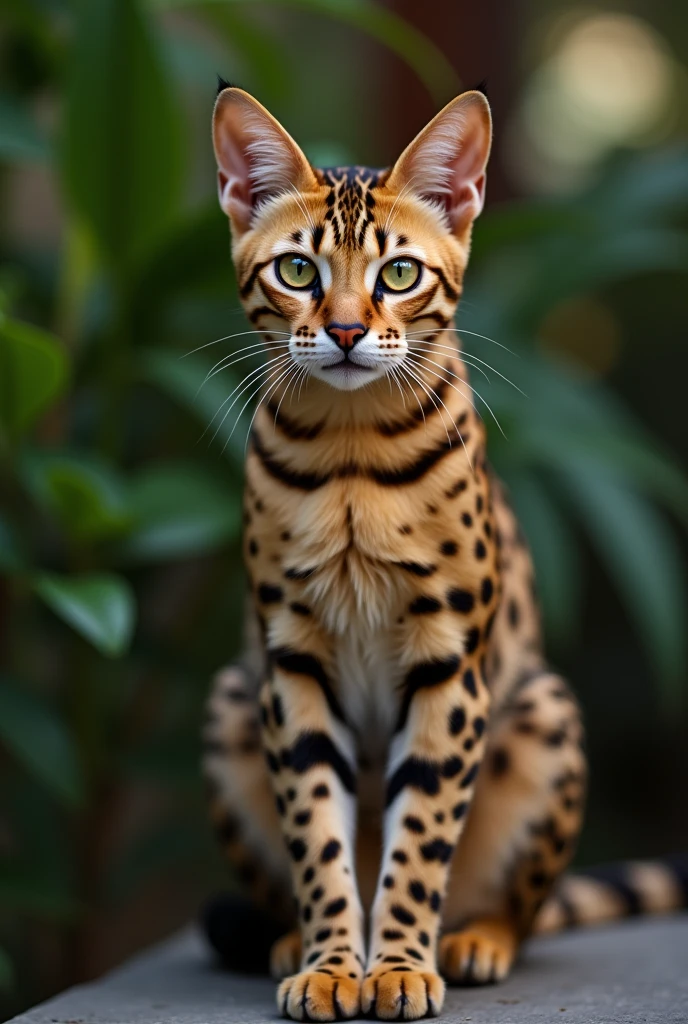 Savannah cat photo , 1920s, handsome, detailed face, looking at camera, realistic, 8K Ultra HD, high quality, full body