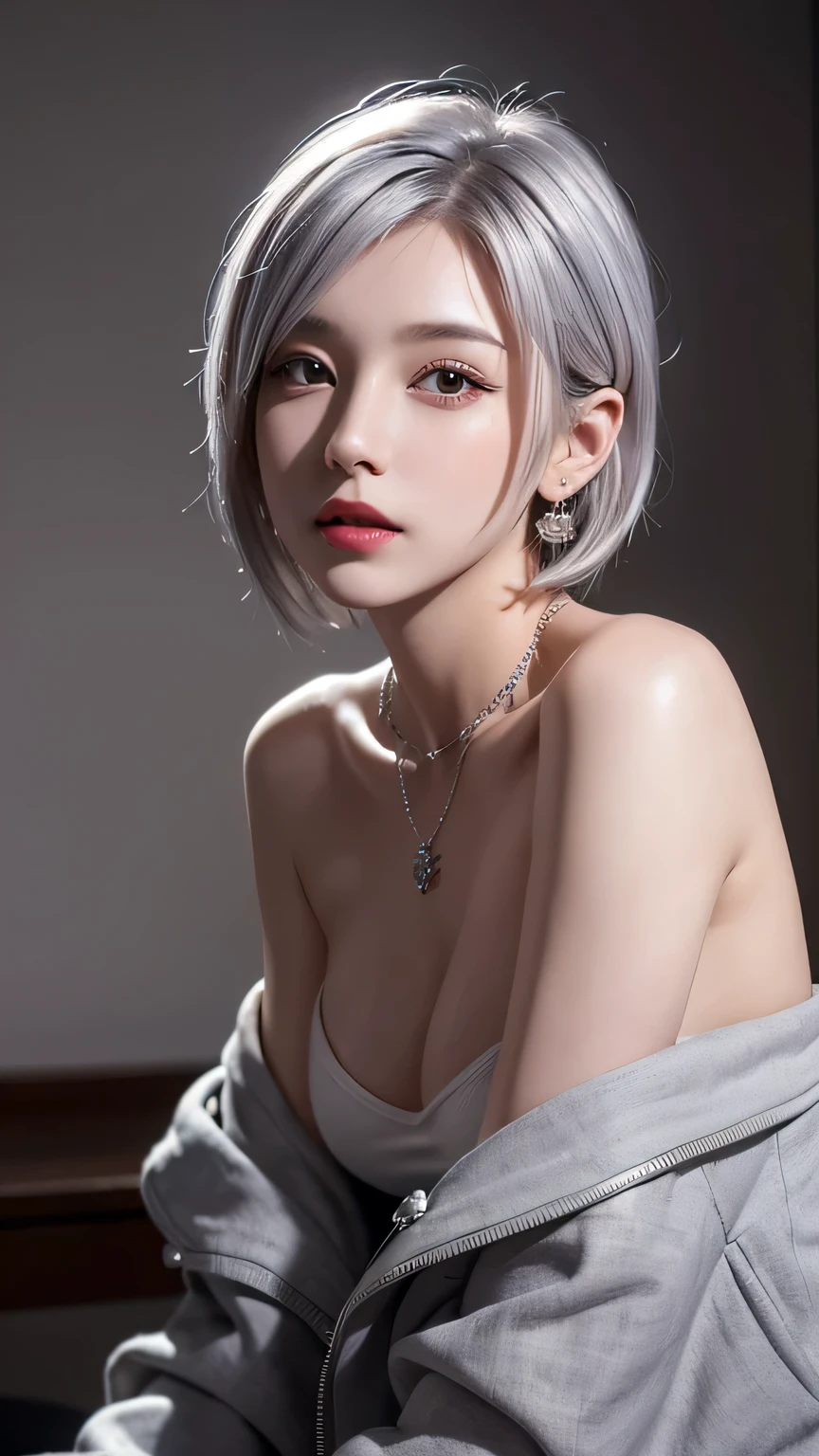 very cool,One person,jewelry,Multicolored Hair,Silver Hair,Gray Hair,alone,necklace,short hair,whole body,Earrings,Red lips,avert your eyes,Exposing shoulders,Look to the side,compensate,lipstick,, Highest quality , masterpiece, figure, Very delicate and beautiful, Very detailed ,CG,Unity,8k wallpaper, wonderful, In detail, masterpiece, Highest quality,Official Art,Very detailed CG Unity 8k wallpaper,Absurd, incredibly Absurd, Large file size , Very detailed, High resolution, Very detailed,Beautiful detailed, Very detailed eyes and face, Beautiful attention to detail,Light on the face,