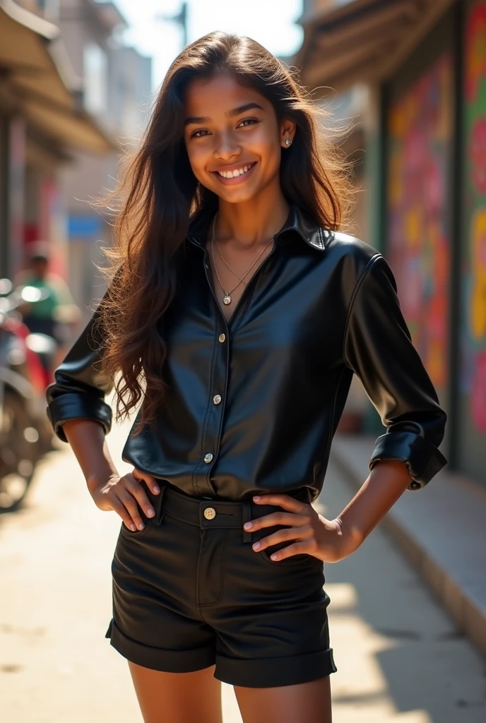 A 14 year old sexy bold and cute Indian girl is wear black leather short shirt and short pant , slim figure, smiling face, full body