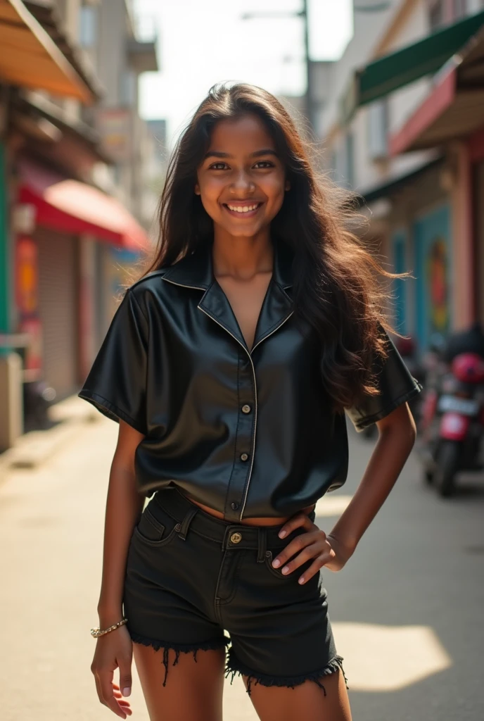 A 14 year old sexy bold and cute Indian girl is wear black leather short shirt and short pant , slim figure, smiling face, full body 