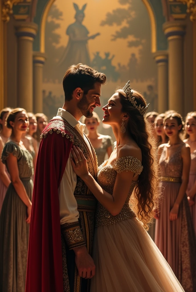 An handsome king in an sexy manner with his beautiful queen in his kingdom while the jealous ladies stood by