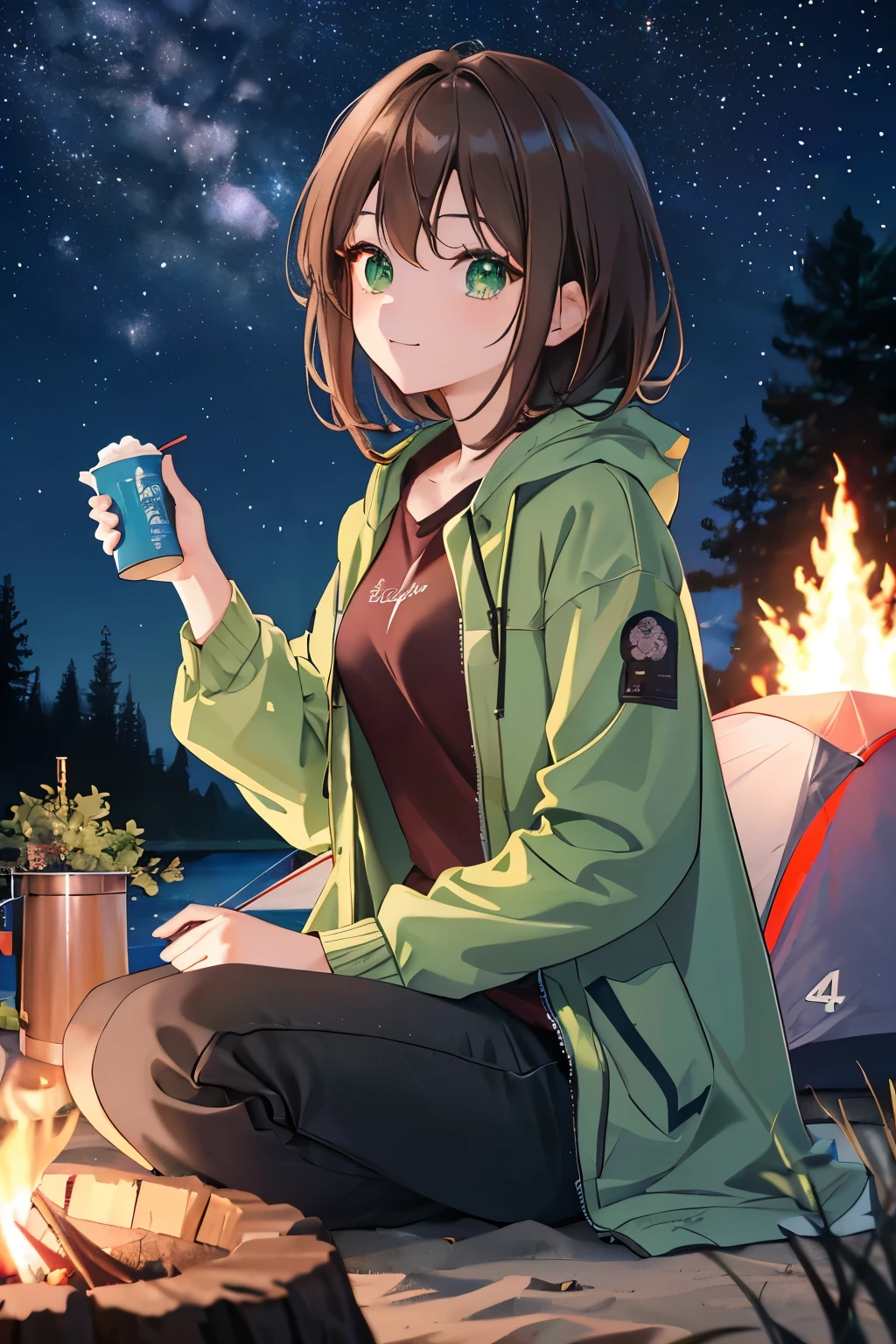 ((masterpiece, Highest quality, High resolution, 超High resolution, Pixel perfect, Written boundary depth, 4K, RTTX 10.0, High resolution))), 1 person, single, alone, Beautiful Anime, Beautiful art style, Anime characters, ((Shortcuts, bangs, Dark brown hair)), ((Green Eyes:1.4, Round eyes, Beautiful eyelashes, current eyes)), ((Smooth texture:0.75, Anime CG style)), ((Dynamic Angle, close)), Perfect body, (cute), Normal chest, whole body, ((4K, 8k, Highest quality, Perfect Fingers: 1.3, Perfect Anatomy: 1.3, Background Blur)), whole bodyアングル, An illustration of people camping, The character is sitting in front of a tent at a campsite, wearing casual outdoor clothing., She is relaxing by the campfire, Marshmallows are being roasted, Holding a warm drink, The background features a lush forest and a tranquil lake, The night sky is full of stars, Overall, spending a relaxing time in nature, A scene with a comfortable atmosphere