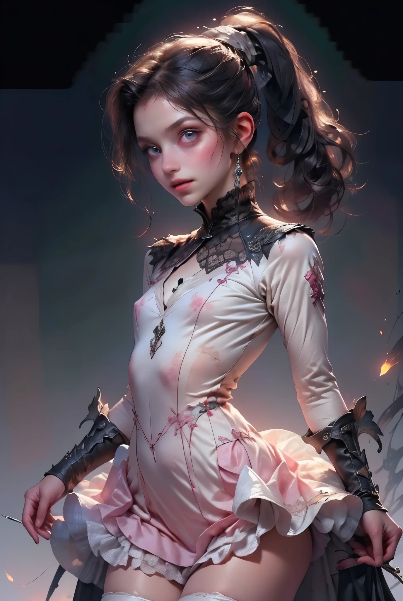 ((best quality)), ((masterpiece)), (detailed), perfect face (((masutepiece, of the highest quality, super detailed))), hand drawn style, hand painted style, watercolour, sketch, a knight, white background, plain background, Bloodborne inspired, tatty Bloodborne attire, occult aesthetic, occult, tatty red and white clothing detailed and intricate steampunk and detailed gothic lolita (with a hood), long coat, Complex laced boots, Fluttering lace flared long knee length dress with frilly petticoats, long dress, knee length dress, pleated petticoats, petticoats gothic lolita aesthetic, beautiful small breasts, (((flat chest:1.1))), (((( Highly detailed face))), small thin nose, Small thin lips mouth, (((Very sharp focused eyes))), Very large slit precision pale grey eyes that shine like jewels. (resolved expression), (resolute expression), ((dark hair)), ((long ponytail, thick ponytail, heavy ponytail)), very long eyelashes, white background, Very dramatic and cinematic lighting, tatty damaged old red and white clothing, full body, whole body, body, cosmic horror, grim dark