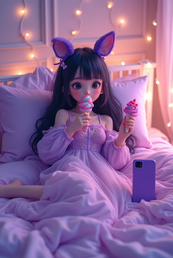 Japanese kurumi aesthetic in purple costume with black eyes animation cute In a bedroom resting in a cosy bed with softie ice candy with a cute smart iphone in purple colour